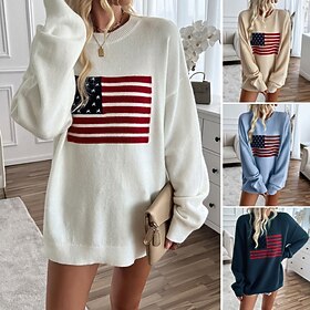 Women's Sweater Streetwear Striped Ribbed Crew Neck Knitted Long Sleeve Regular Tops Knit Outdoor Daily Holiday Navy Blue Khaki Fall