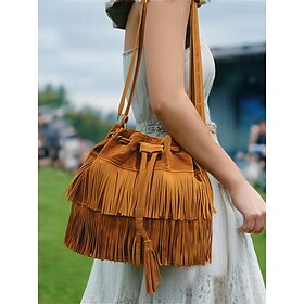 Women's Faux Suede Fringe Bucket Shoulder Bag  Bohemian Drawstring Crossbody Purse for Casual Outings, Festivals and Daily Wear