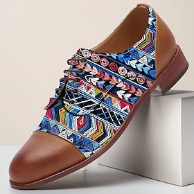 Men's Tribal Geometric Jacquard Fabric Derby Shoes with Brown Faux Leather Details, Ethnic Style Lace-Ups for Cultural Events, Banquets and Fashion Shoots