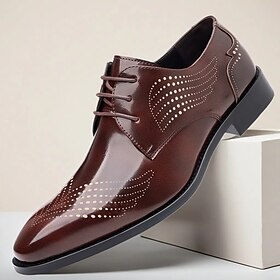 Men's Burgundy Patent Faux Leather Derby Shoes with Perforated Detailing  Elegant Lace-Up Footwear for Office  Formal Events