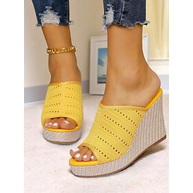 Women's Yellow Crochet Wedge Slide Sandals  Summer Open-Toe Espadrille Platform Shoes for Beach Vacations, Casual Outings, and Resort Wear