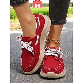 Women's Red Canvas Boat Shoes  Lightweight Lace-Up Flats for Country Walks, Casual Days and Weekend Getaways