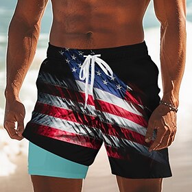 Independence Day Men's Patriotic USA Flag Fourth of July Lined Shorts 2 in 1 Board Shorts Swim Trunks Mid Waist Holiday Side Pockets With Compression Liner Ela