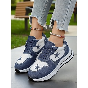 Women's Blue Denim Star Lace-Up Sneakers  Casual Vintage-Inspired Athletic Shoes for Parks, Weekend Errands and Picnics