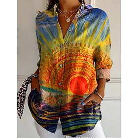 Women's Shirt Graphic Sun Retro Vintage Ethnic Long Sleeve Shirt Collar Regular Tops Daily Holiday Buttons Print Yellow Summer
