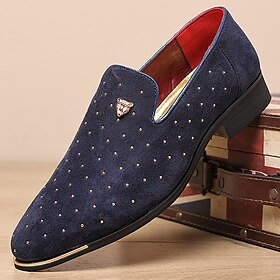 Men's Navy Blue Suede Slip-On Shoes with Studded Detail and Gold Accents  Luxury Slip-Ons for Evening Parties, Weddings and Formal Gatherings