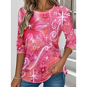 Women's T shirt Crew Neck Long Sleeve Tunic Floral Graphic Plants Vintage Stylish Classic  Round Neck Regular Tops Daily Weekend Print Black White Pink Blue Gr