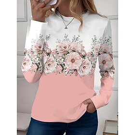 Women's T shirt Long Sleeve Crew Neck Long Sleeve Tunic Floral Graphic Elegant Vintage Regular Tops Daily Weekend Print Pearl Pink Blue Brown  Prefall