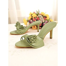 Women's Green Heel Sandals - Elegant Open Toe Slip-On Dress Shoes with Floral Bow Detail for Casual Dates and Summer Outfits