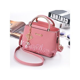 Women's Embroidered Rose Tote Bag with Gold Top Handle and Shoulder Strap - Elegant Faux Leather Crossbody Bag for Commuter, Leisure and Weekend Outings