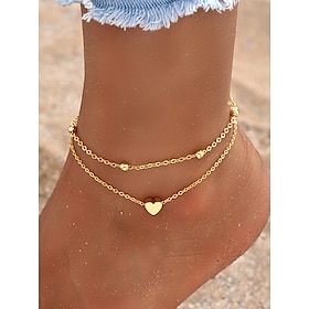 Women's Gold Heart Pendant Double Layer Anklet  Dainty Beach Foot Jewelry with Beaded Chain Design for Summer Outings and Vacation Wear