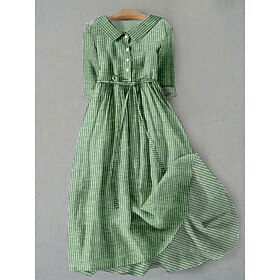 Women's Midi Dress A Line Dress Fit And Flare Dress Casual Daily Date Regular Fit Graphic Striped Half Sleeve Shirt Collar Red Blue Green Summer Spring