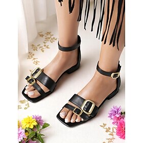 Women's Black Flat Sandals with Ankle Strap and Bold Buckles - Chic Comfortable Summer Shoes for Casual Dates and Everyday Wear