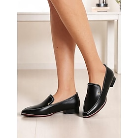 Women's Black Faux Leather Loafers  Classic Office Shoes with Low Heel for Work, Business and Professional Attire