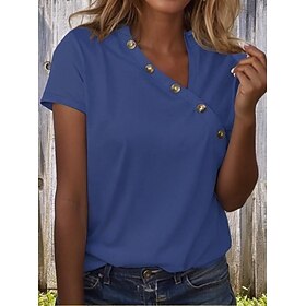 Women's T Shirt Buttons Print Plain Vintage Stylish Classic Short Sleeve V Neck Regular Tops Daily Black White Pink Red Royal Blue Summer Spring