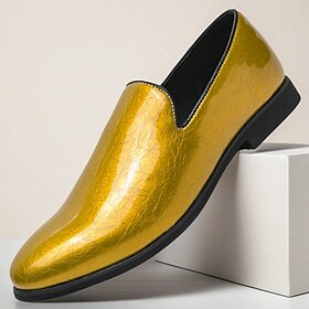 Men's Shiny Gold Metallic Slip-On Loafers  Fashionable Faux Leather Dress Shoes for Parties, Wedding Receptions, Stage Performances, Prom Nights and Nightclub