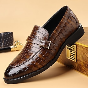 Men's Dark Brown Faux Leather Crocodile Pattern Loafers  Slip-On Business Casual Shoes for Office  Dinner Parties