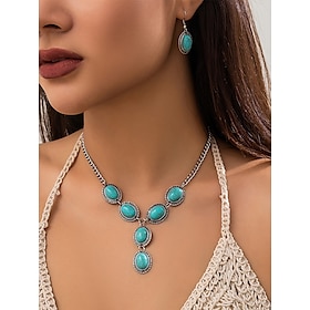 Women's Turquoise Statement Jewelry Set  Vintage Silver-Plated Oval Pendant Necklace and Drop Earrings for Boho Style, Summer Festivals and Beach Parties
