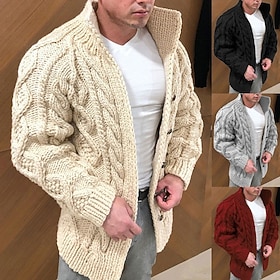 Men’s Cable Knit Cardigan Sweater with Standing Collar – Fall & Winter Essential
