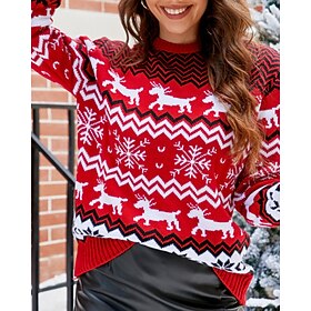 Women's Sweater Pullover Fashion Streetwear Snowflakes Ribbed Crew Neck Knitted Print Long Sleeve Regular Tops Knit Christmas Outdoor Holiday White Red Winter