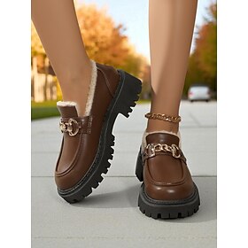Women's Brown Faux Leather Loafers with Gold Chain and Fleece Lining  Warm Slip-On Commuter Shoes for Fall and Winter Office Wear, Travel and Daily Walks