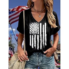 Independence Day Women's Patriotic Fourth of July T Shirt Graphic American Flag Vintage Stylish Classic Short Sleeve V Neck Regular Tops Daily Weekend Print Bl