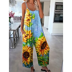 Women's Jumpsuit Vacation Vintage Ethnic Style Full Length High Waist Floral Graphic Color Block Drawstring Inelastic Formal Vacation Street Robin's Egg Blue G