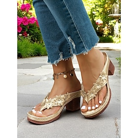 Women's Gold Floral Heeled Sandals  Embellished Open-Toe Platform Shoes for Ladies, Great for Garden Weddings, Spring Events and Resort Looks