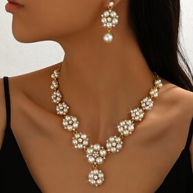 Bridal Jewelry Sets Two-piece Suit Imitation Pearl 1 Necklace Earrings Women's Classic Sweet Lovely Classic Precious Petal Jewelry Set For Wedding Gift Daily