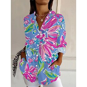 Women's Shirt Floral Graphic Abstract Vintage Tropical Daily Long Sleeve Shirt Collar Regular Tops Work Daily Holiday Buttons Print Red Blue Green Summer Sprin