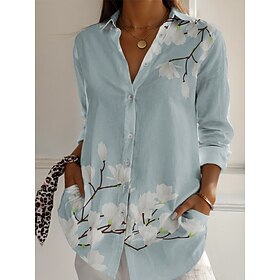 Women's Shirt Buttons Print Floral Active Daily Stylish Long Sleeve Shirt Collar Regular Tops Daily Holiday Blue Spring Fall