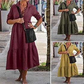 Women's Midi Dress Casual Dress Cotton Linen Dress Summer Dress Fashion Modern Outdoor Date Weekend Regular Fit Plain Sleeveless Shirt Collar Yellow Wine Army