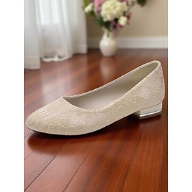 Women's Ivory Lace Low Heel Wedding Flats, Elegant Round Toe Slip-On Bridal Shoes for Formal Ceremonies and Reception Events