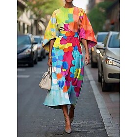 Women's Midi Dress Sheath Dress Casual Semi Formal Office Daily Regular Fit Graphic Geometric Half Sleeve Crew Neck Yellow Orange Gray Summer Spring