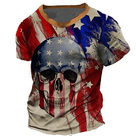 American Independence Day Men's Skull American US Flag T Shirt Short Sleeve T shirt 3D Print Crew Neck Round Neck Shirt Fashion Daily Basic Street Casual Daily