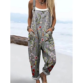 Women's Overall Active Floral Sleeveless Drawstring Vacation Street Loose Fit Blue Navy Blue Purple Summer