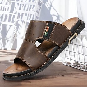 Men's Brown Cutout Slip-On Sandals, Soft Faux Leather Summer Slides for Indoor Comfort, Weekend Errands and Casual Outdoor Use