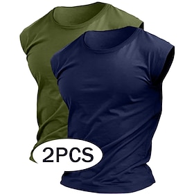 Men's T Shirt Moisture Wicking Shirts Sleeveless Short Sleeve Crew Neck Summer Plain Sports Fashion Lightweight 2 Piece Multi-pack Casual Vacation Holiday Blue