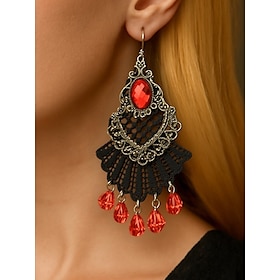 Women's Gothic Vintage Alloy Drop Earrings with Black Stone and Red Beads, Halloween Party Costume Jewelry for Retro Punk Style