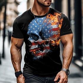 American Independence Day Men's Skull American US Flag T Shirt Short Sleeve T shirt 3D Print Crew Neck Shirt Fashion Daily Basic Street Casual Daily Black Summ