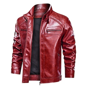 Men's Faux Leather Jacket Biker Jacket Red Leather Jacket Motorcycle Jacket Vacation Daily Windproof Warm Pocket Fall Winter Plain Fashion Classic Stand Collar