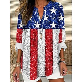 Independence Day Women's Patriotic Fourth of July Blouse Graphic Flag Vintage Tropical Hawaiian Long Sleeve V Neck Regular Tops Daily Holiday Beach Wear Print