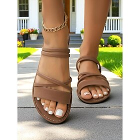 Women's Casual Brown Flat Sandals  Crisscross Strappy Slip-On Shoes with Ankle Chain for Summer, Beach, and Outdoor Activities