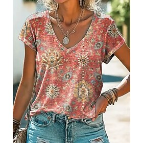 Women's T Shirt Print Floral Graphic Paisley Vintage Stylish Classic Short Sleeve V Neck Regular Tops Daily Black Yellow Pink Red Purple Summer Spring