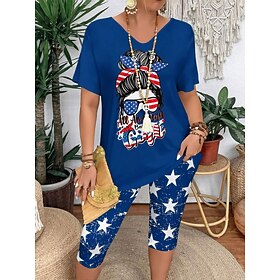 Independence Day Women's Patriotic Fourth of July Vintage Stylish Two Piece Sets T Shirt Shorts Sets Short Sleeve V Neck Graphic Print Daily Weekend Red Blue P