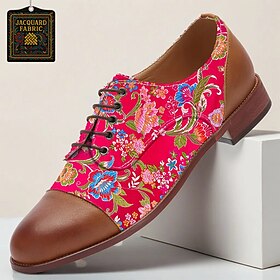 Men's Red Floral Jacquard Oxford Shoes  Colorful Lace-Up Brogues with Brown Toe Detail, Perfect for Celebrations and Formal Gatherings