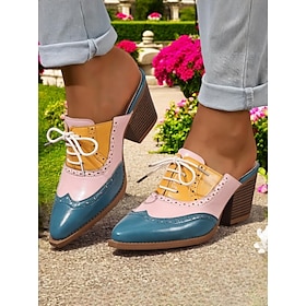 Women's Colorblock Oxford Mule Heels  Retro Wingtip Brogue Slip-On Shoes for Vintage Lovers, Office Wear, and Casual Outings