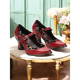 Elegant Vintage Red Floral Embroidered Mary Jane Pumps with Chunky Heels - Stylish Women's Dress Shoes