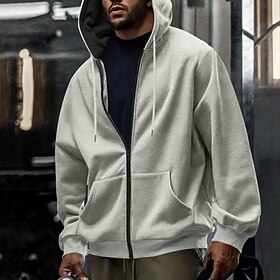 Men's Hoodie Full Zip Hoodie Fleece Hoodie Black Navy Blue Green Khaki Light Grey Hooded Plain Zipper Pocket Work Sports Outdoor Casual Basic Casual Workout F