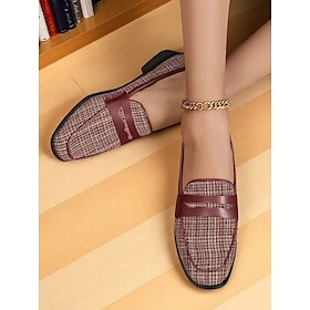 Women's Tweed and Faux Leather Loafers, Flat Slip-On Shoes for Office, Travel and Everyday Comfort